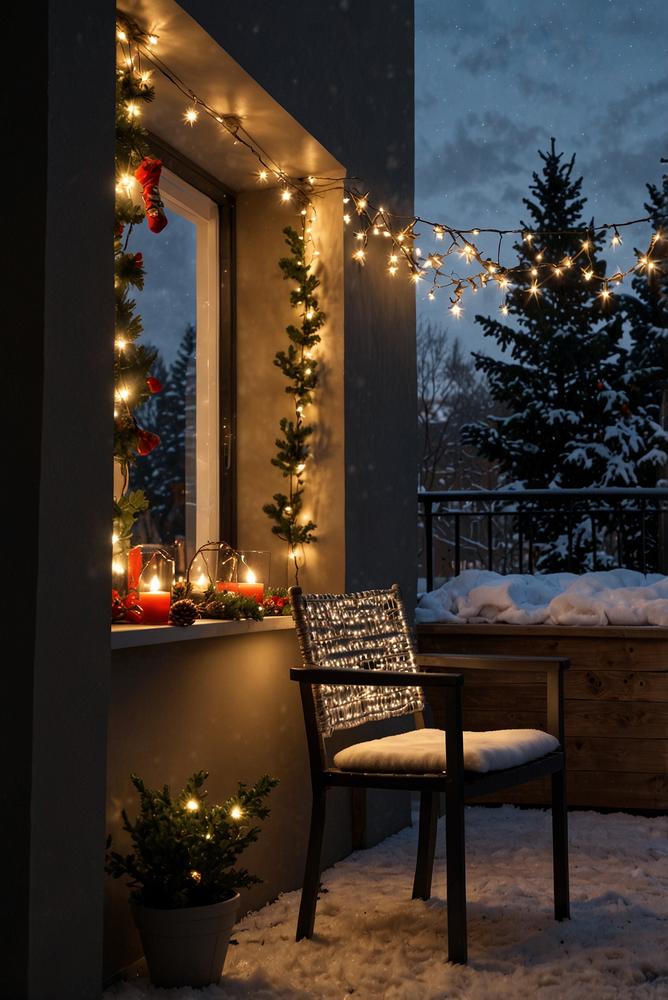 Wetterfeste Lichterkette am Balkongeländer in hellem Ambiente