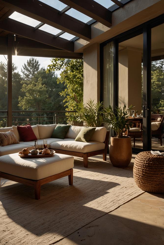 Gemütlicher Balkon mit wetterfesten Wolltextilien und warmem Ambiente