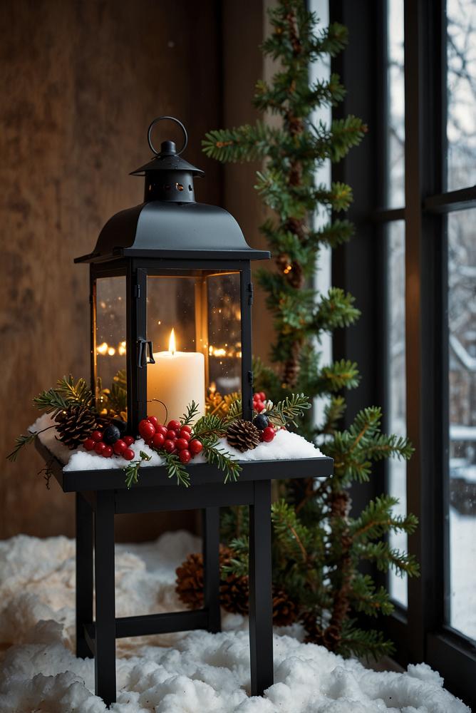 Winterliches Laternen-Arrangement mit LED-Kerzen auf Balkon