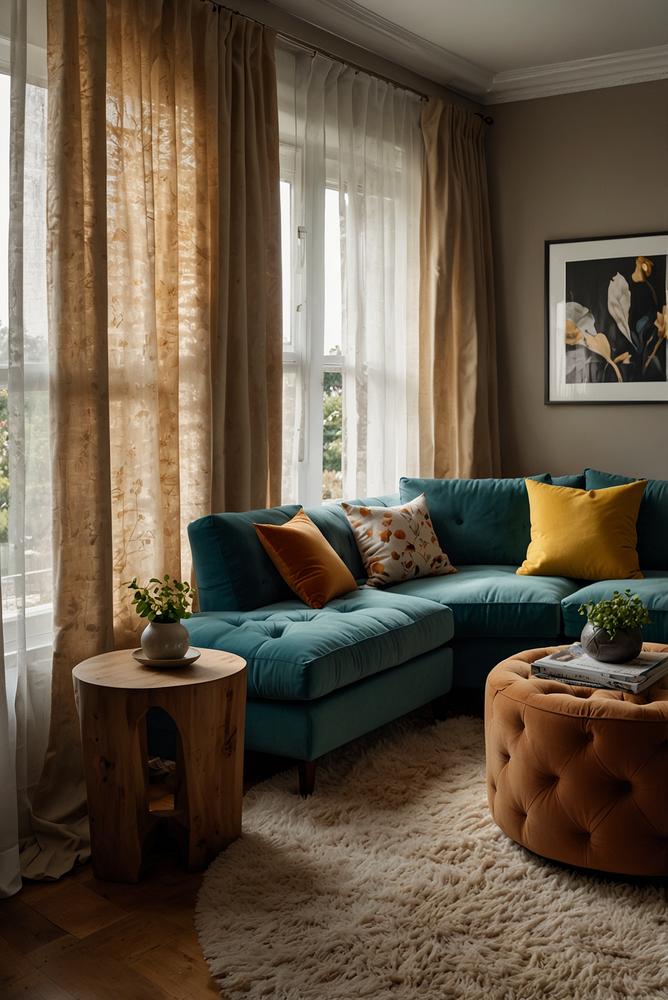 Helles, einladendes Wohnzimmer mit Kissen und Decken