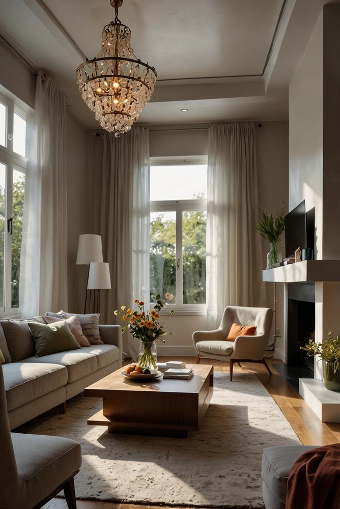 Hell beleuchtetes Wohnzimmer mit verschiedenen Lichtzonen