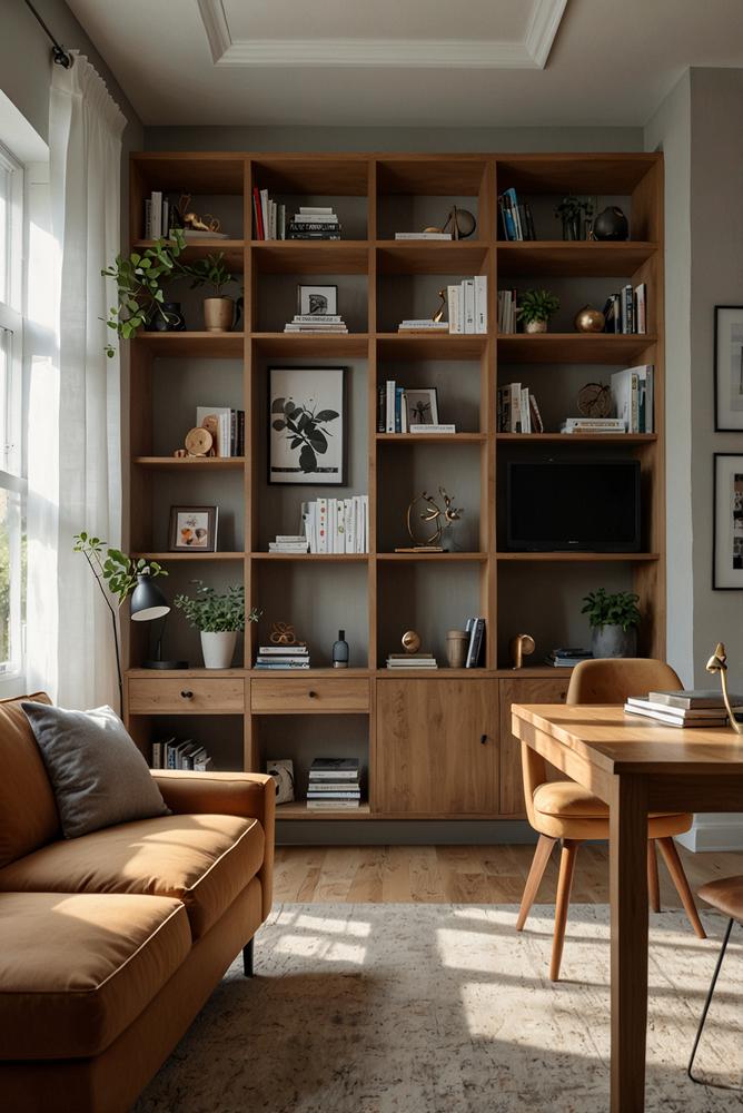 Helles Wohnzimmer mit harmonischer Home-Office-Ecke