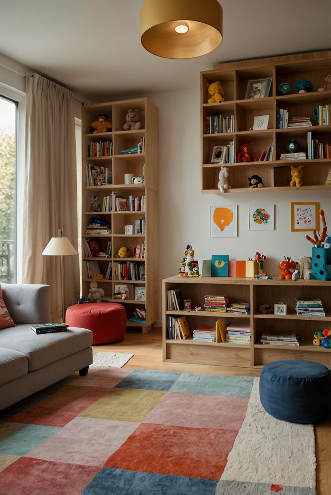 Helles Wohnzimmer mit clever zoniertem Kinder-Spielbereich