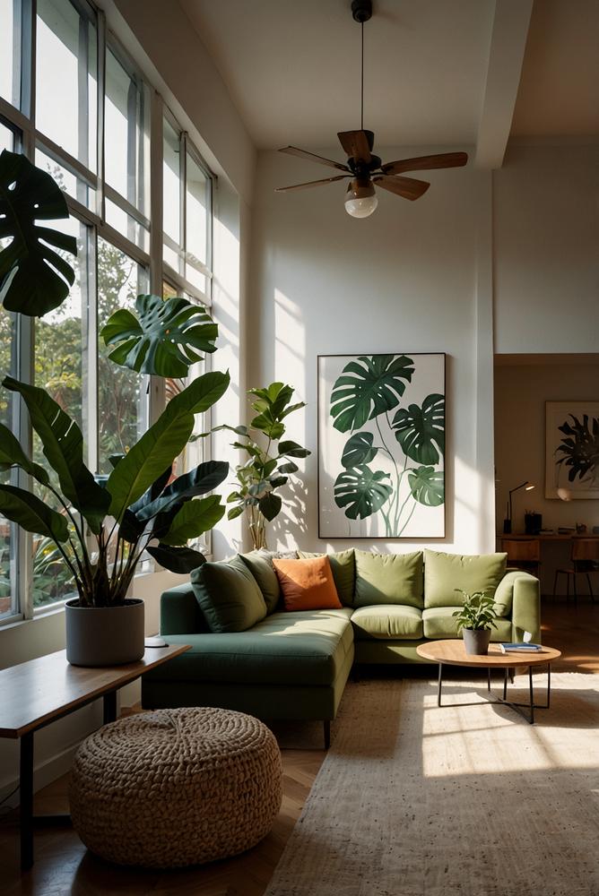 Helles Wohnzimmer mit Pflanzen als Raumteiler und viel Sonnenlicht