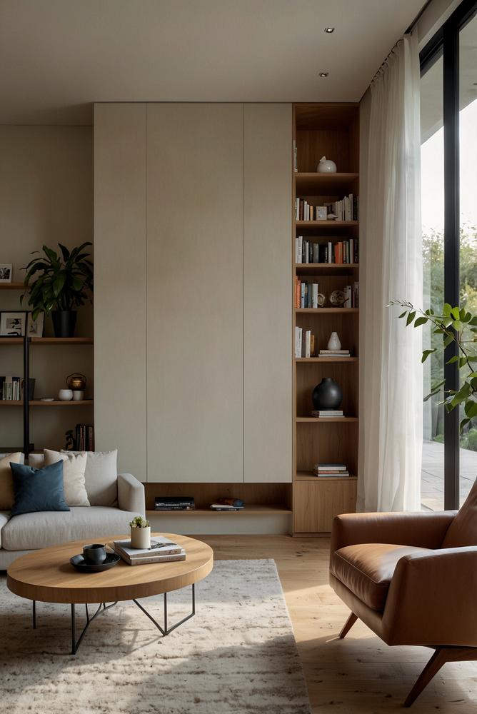 Helles Wohnzimmer mit Stauraumwand und Sideboard