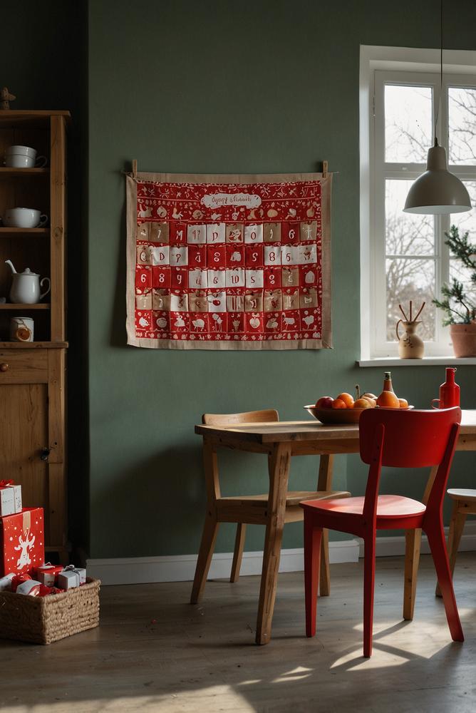 Helle adventskalender-saeckchen an einer kuestenwand