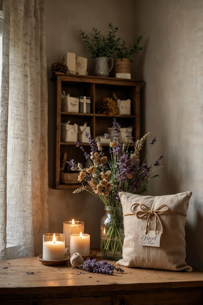 Adventskalender-Säckchen mit Trockenblumen in hellem Raum