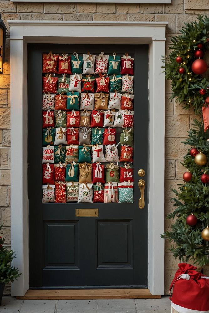 Adventskalender-Taschen am griff der haustuer als weihnachtsdeko