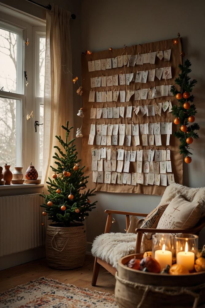 Adventskalender-Wand mit 24 hellen Mini-Säckchen weihnachtlich dekoriert