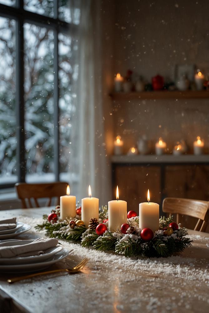 Adventskranz mit Kunstschnee und Kerzen auf Esstisch
