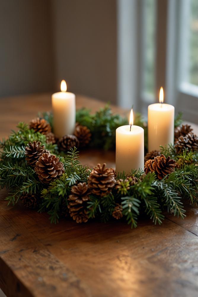 Heller Adventskranz aus Zapfen, Zweigen und Moos