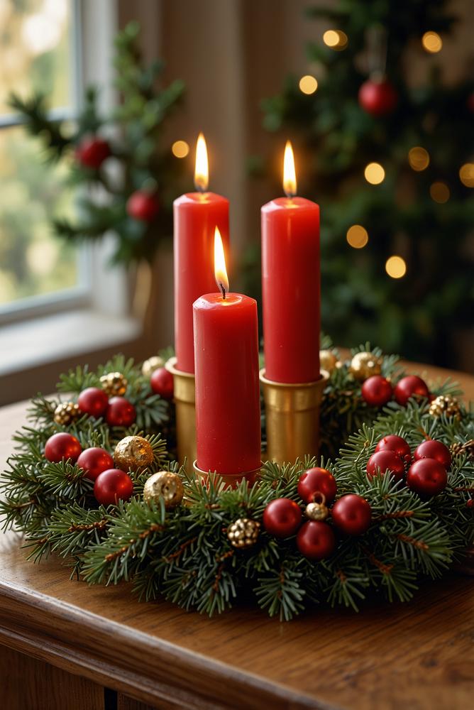 Adventskranz mit roten Kerzen und goldenen Sternen