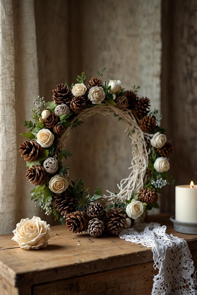 Adventskranz mit Seidenblüten und shabby lackierten Zapfen