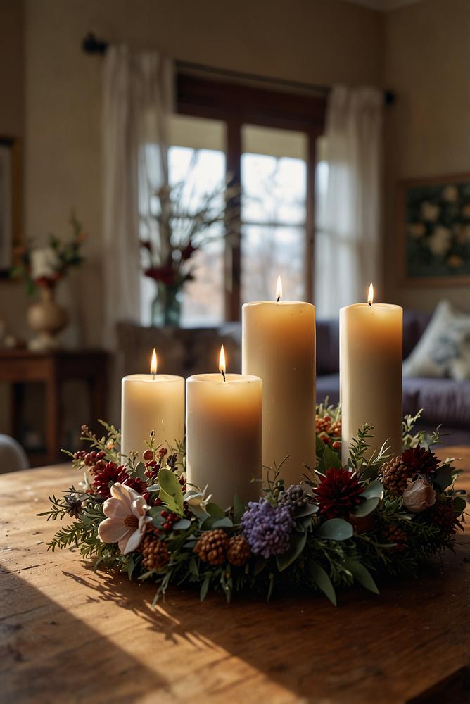 Adventskranz mit Trockenblumen und Stumpenkerzen hell und einladend