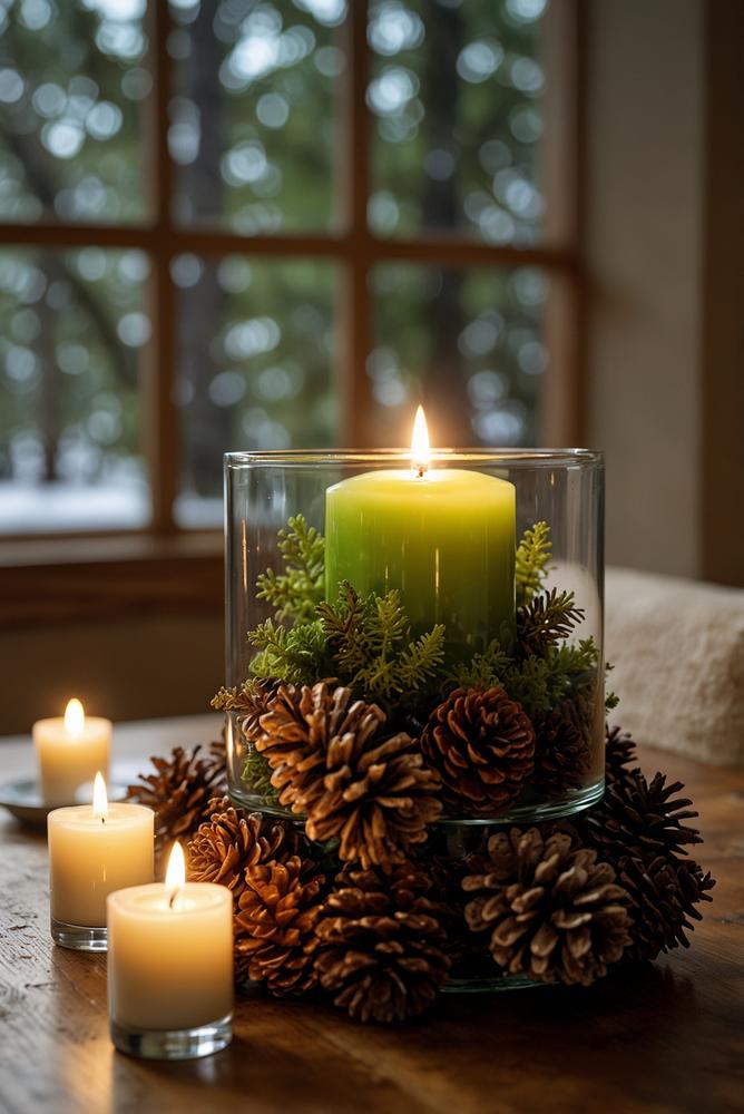 Adventsleuchter-Gesteck aus Zapfen, Zweigen und Moos in hellem Raum