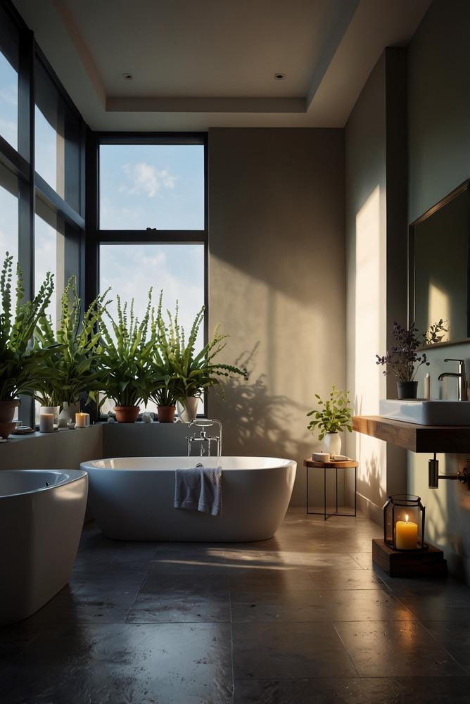 Hell und einladend aromatisches Bad mit Kerzen und Pflanzen
