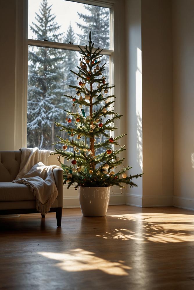 Ast-Weihnachtsbaum in Bodenvase minimalistisch dekoriert