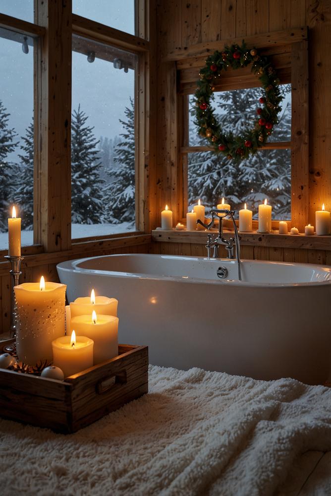 Beleuchtete Badewanne mit Duftkerzen und LED-Teelichtern