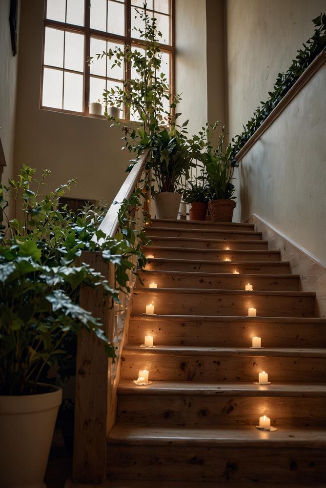 Beleuchtete Treppenstufen mit Pflanzen und Weihnachtsdeko