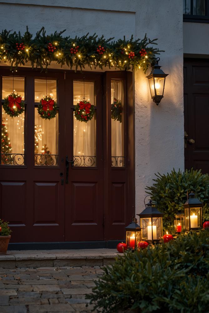 Eingangsbereich mit beleuchtetem Weihnachtskranz und Laternen