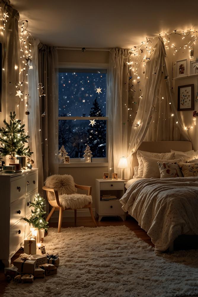 Kinderzimmer mit warmer beleuchteter Weihnachtsdeko