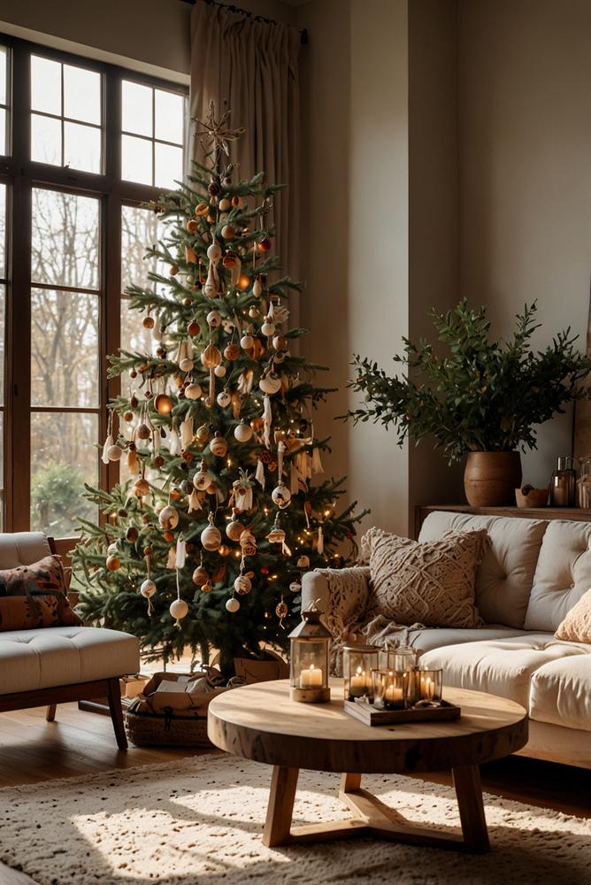 Boho-Weihnachtsbaum mit Makramee und Trockenblumen hell und modern