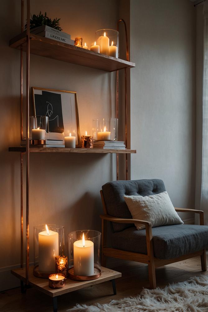 Helles gemütliches Bücherregal mit Kerzen und Kupferakzenten im Winter