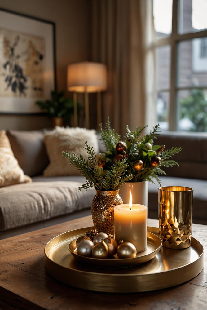Helles Couchtisch-Arrangement mit goldenen Tabletts und Kerzen