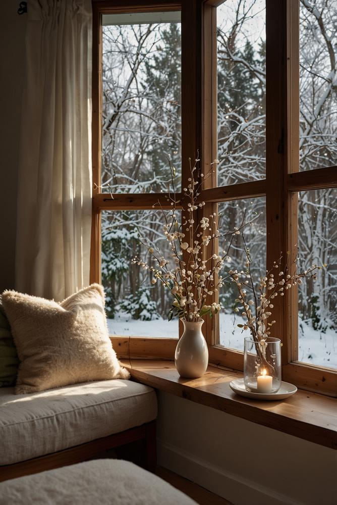 Helle Fensterbankdeko mit Zweigen und warmem Licht zu Silvester