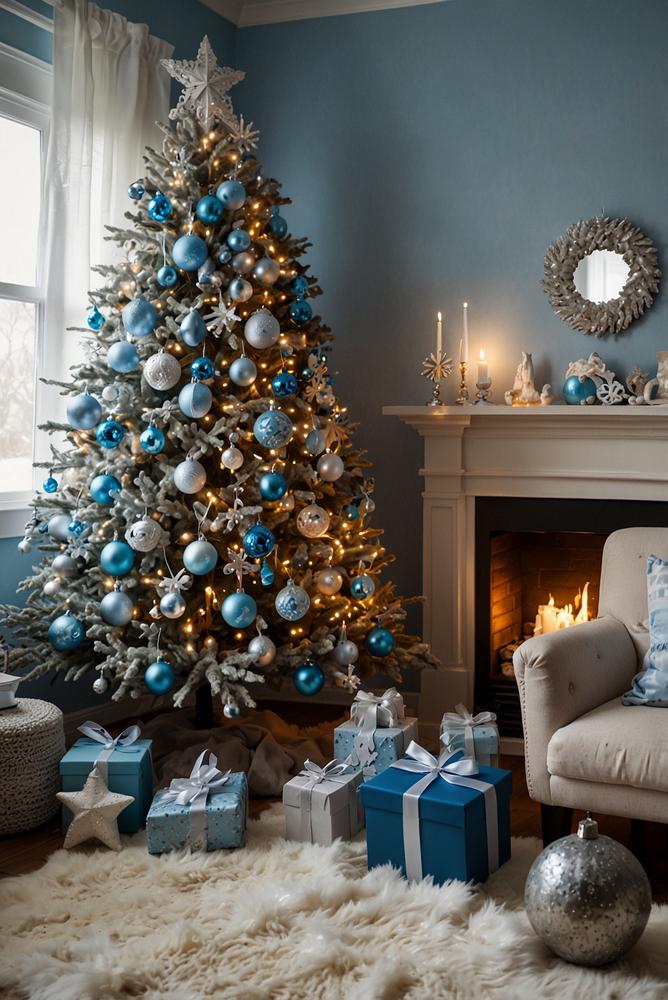 Kinderzimmer mit blauer und silberner Weihnachtsdeko hell und freundlich