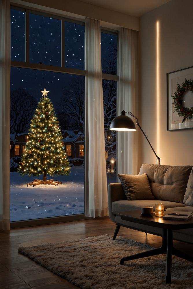 Weihnachtsfenster mit warmweißer LED-Beleuchtung