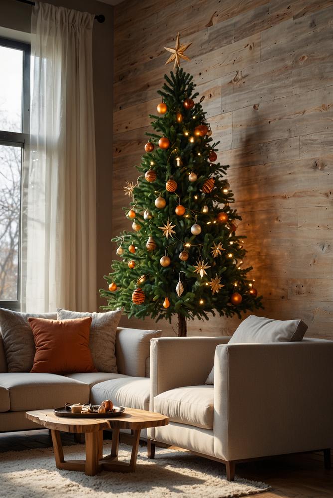 Heller Wohnzimmerwanddeko DIY Holz-Christbaum neben Fernseher