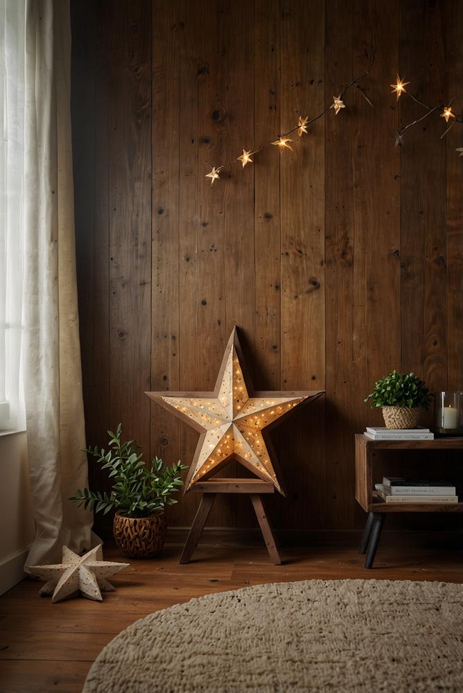 DIY-Holzsterne-Wand mit warmen Lichtern zu Weihnachten