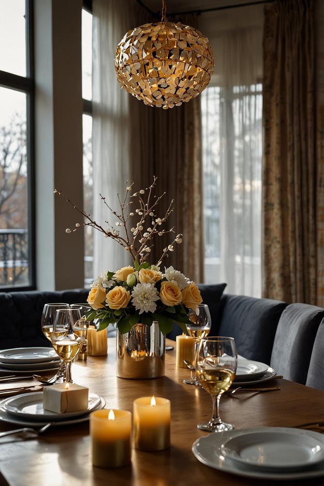 Einheitliche Silvesterdekoration Ess- und Wohnbereich hell