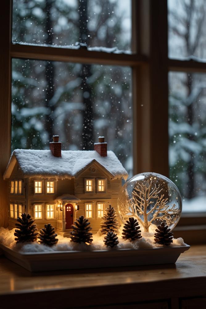 Fensterbank-Deko mit beleuchteten Häuschen und Kunstschnee