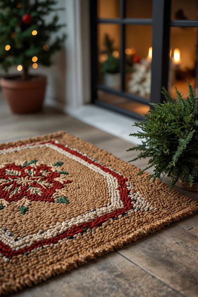 Helldurchflutete Haustür mit festlicher Weihnachtsfußmatte