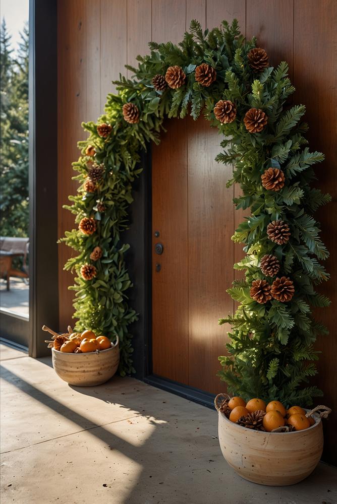 Hell erleuchteter Türkranz aus frischem Tannengrün mit Waldduft