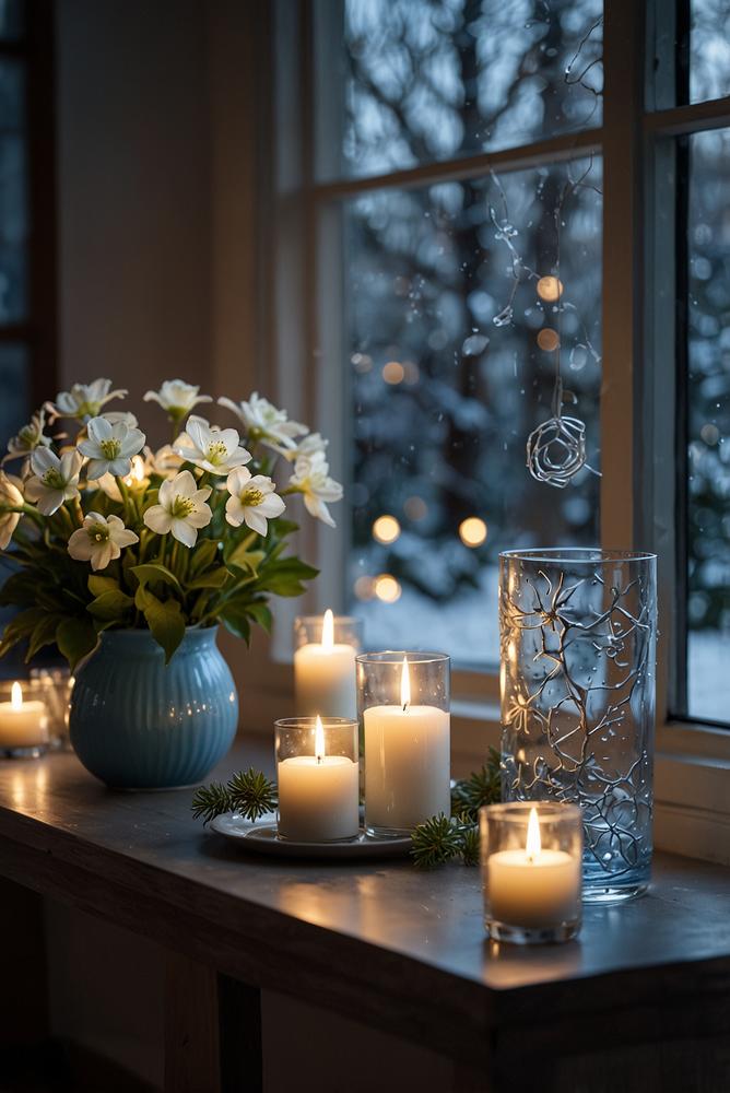 Eisblau Wintergarten Weihnachtsdeko Fensterbank hell und einladend