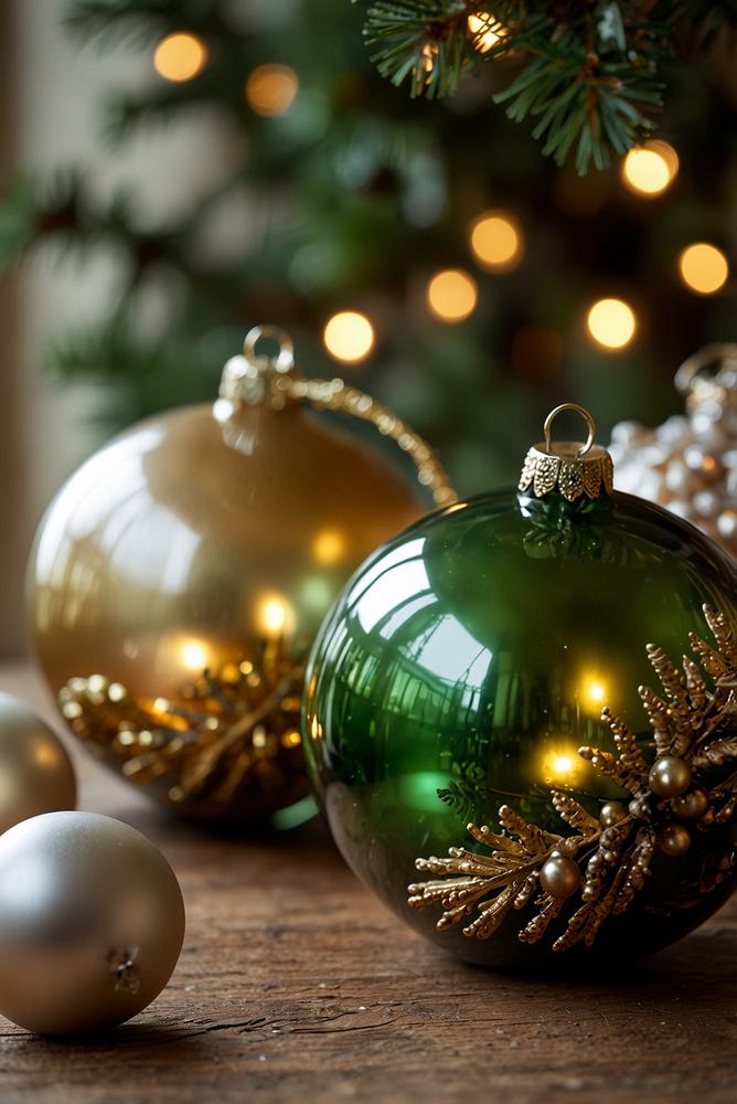 Glas-Christbaumkugeln mit feinem Goldrand am Weihnachtsbaum