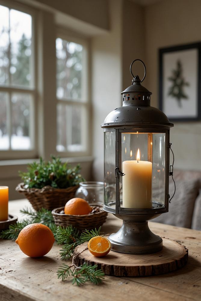 Helle Glaswindlichter mit Kerzenarrangement auf Esstisch