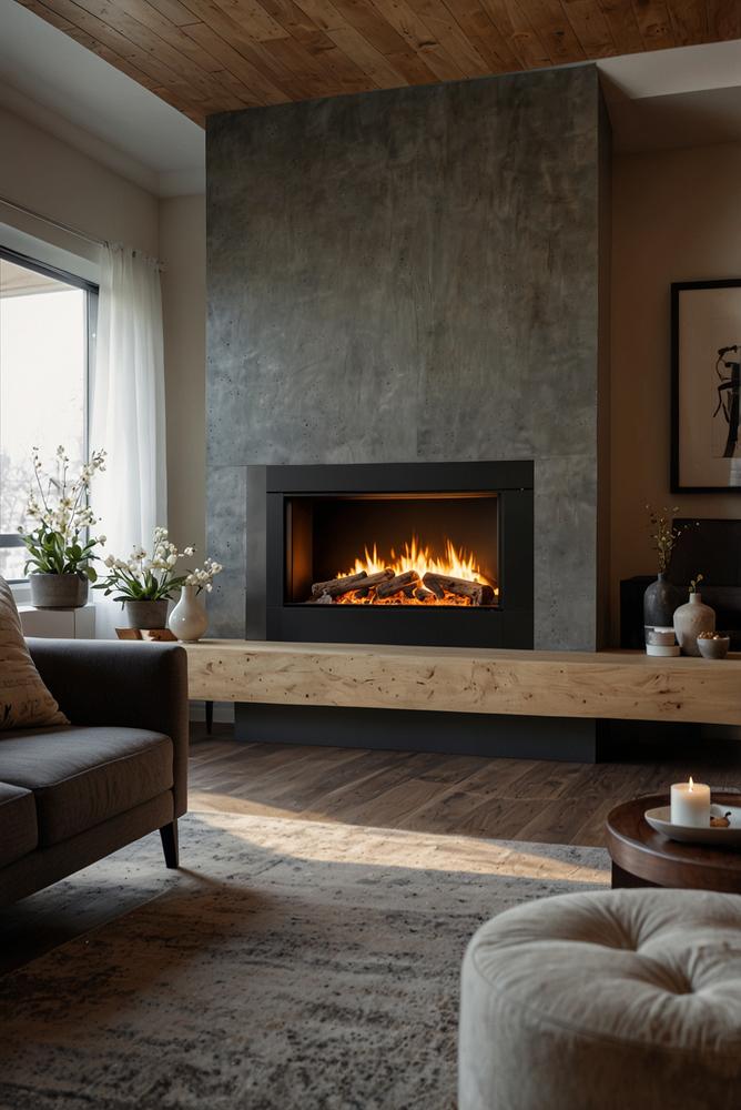 Helles Wohnzimmer mit modernem Elektrokamin im Winter