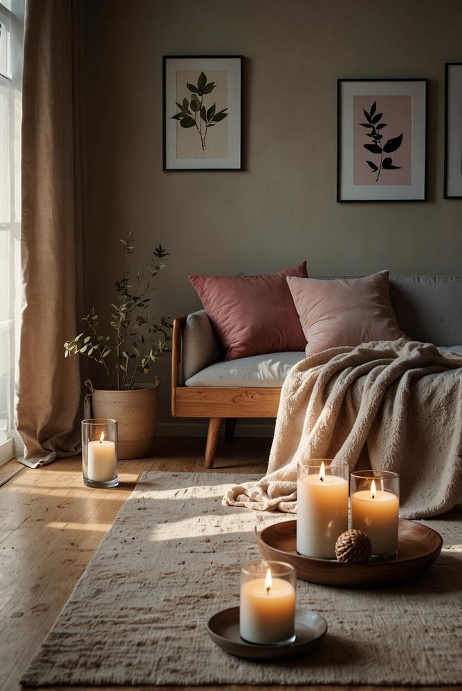 Helle entspannende Ecke mit Kissen und Decke in Wohnung