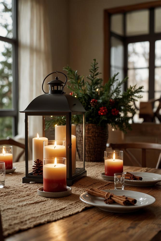 Esstisch mit Laternen und warmen Kerzen zur Weihnachtszeit