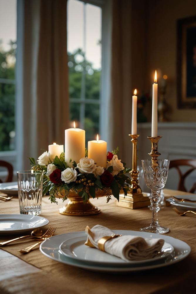 Esstisch mit goldenem Läufer und Kerzenensemble festlich dekoriert