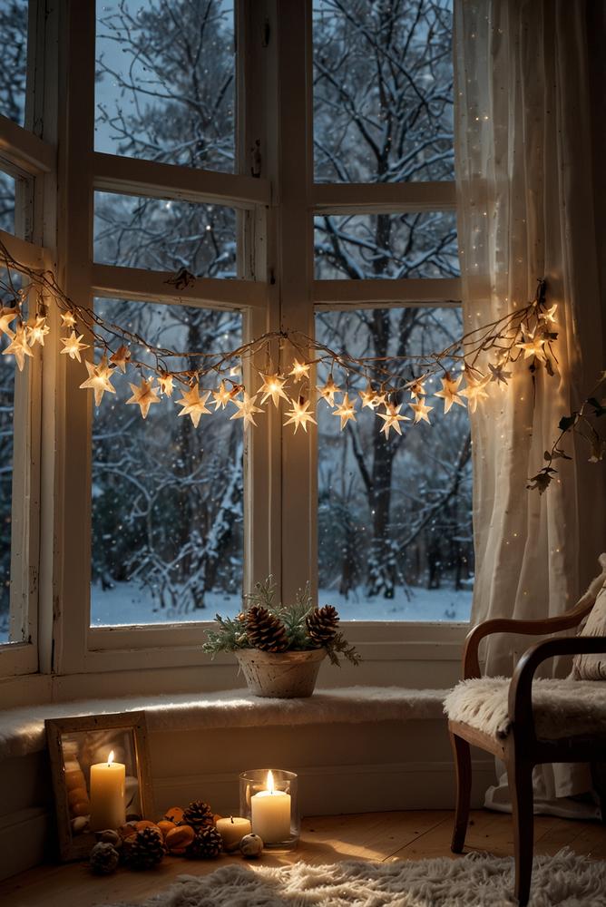 Fenster mit Shabby-Chic Weihnachtsdeko und warmen Lichterketten