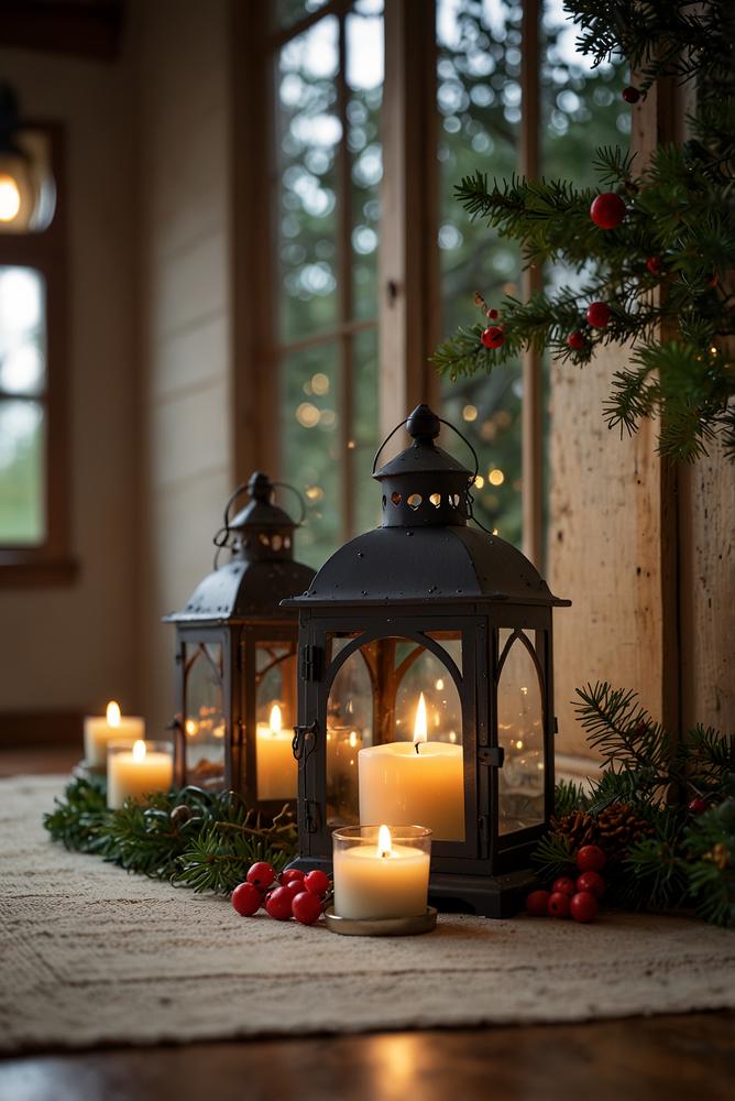 Fensteraußenbank mit warmen Laternenlicht zur Weihnachtszeit