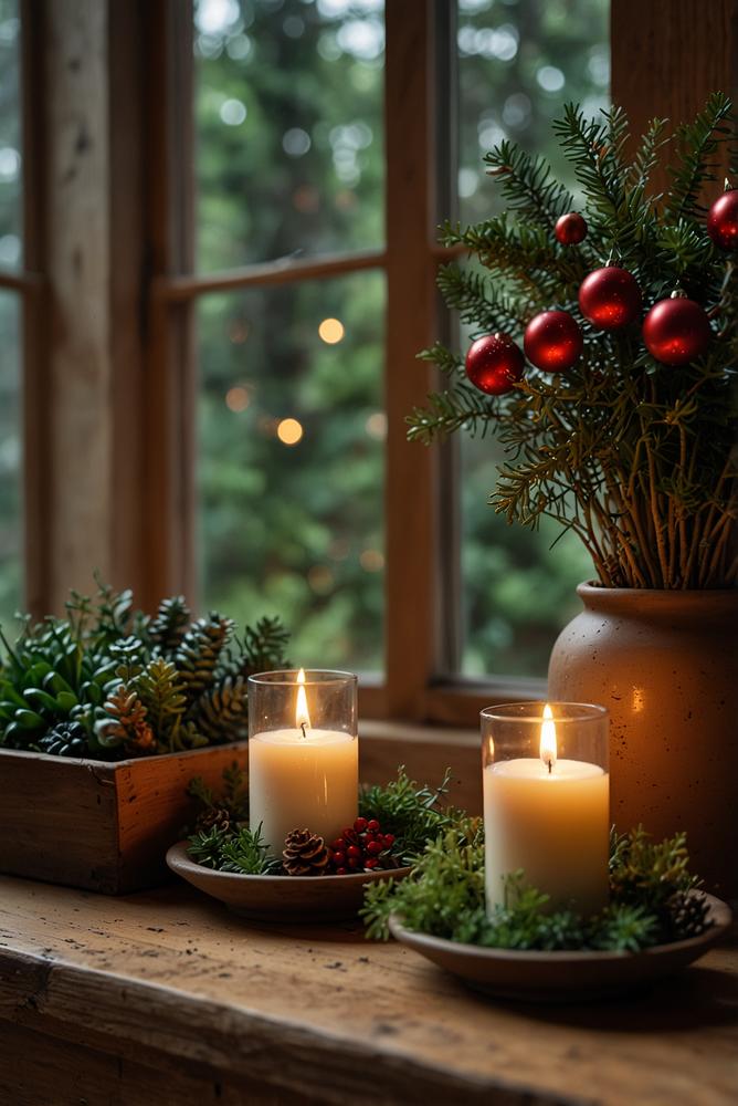 Fensterbank mit Pflanzen und Weihnachtsdekoration hell und einladend