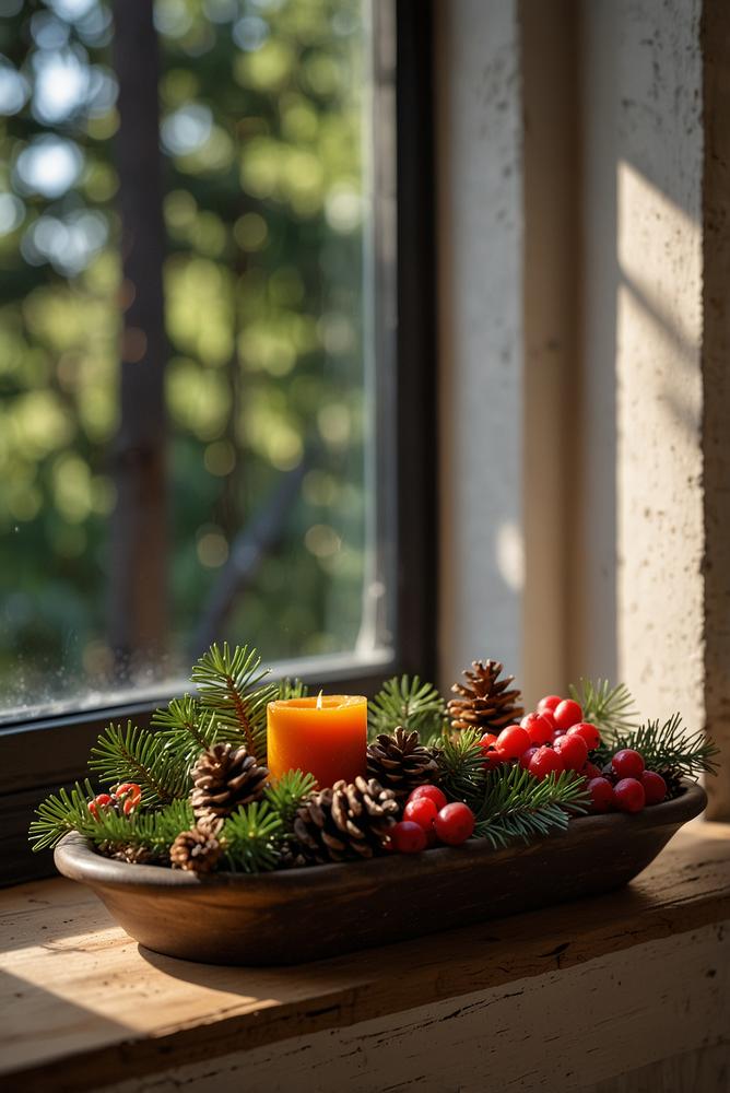 Fensterbank mit Tannengrün und Nelken-Raumduft dekoriert