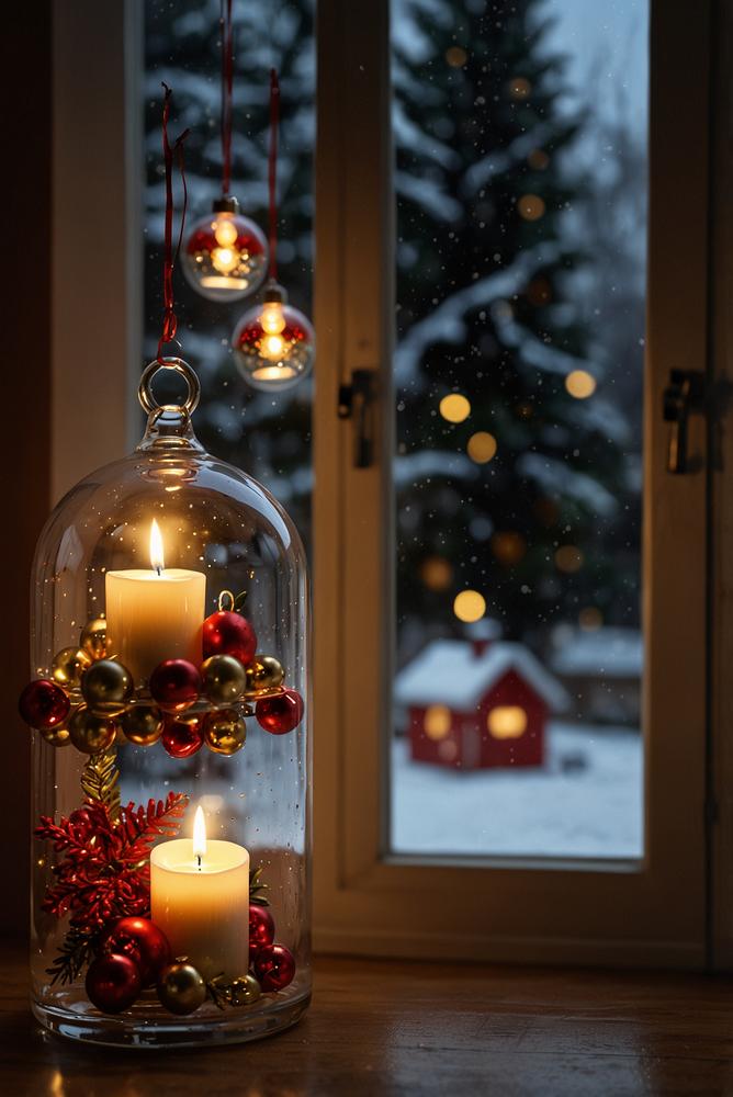 Fenster mit Glaskugeln und Kerzen-LEDs zu Weihnachten