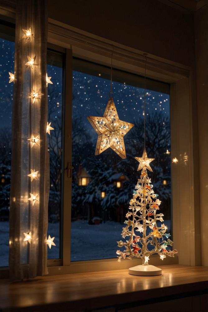 Fenster mit smart gesteuerter Warmlicht-Weihnachtsbeleuchtung